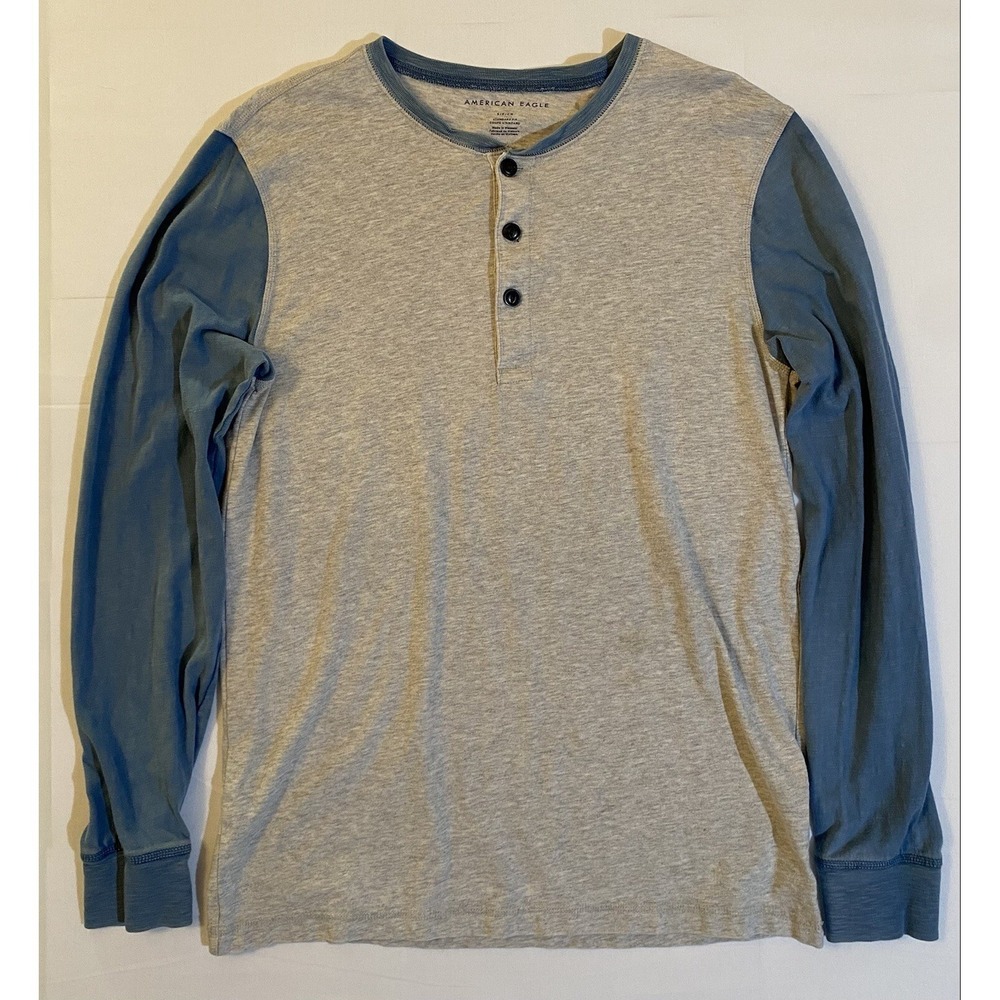 American Eagle Mens Small Henley Shirt Gray Blue Colorblock Long Sleeve Standard